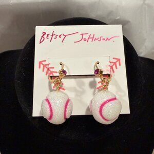 Betsey Johnson Baseball Drop Earrings Pink Glitter Rhinestone Novelty Sports NWT